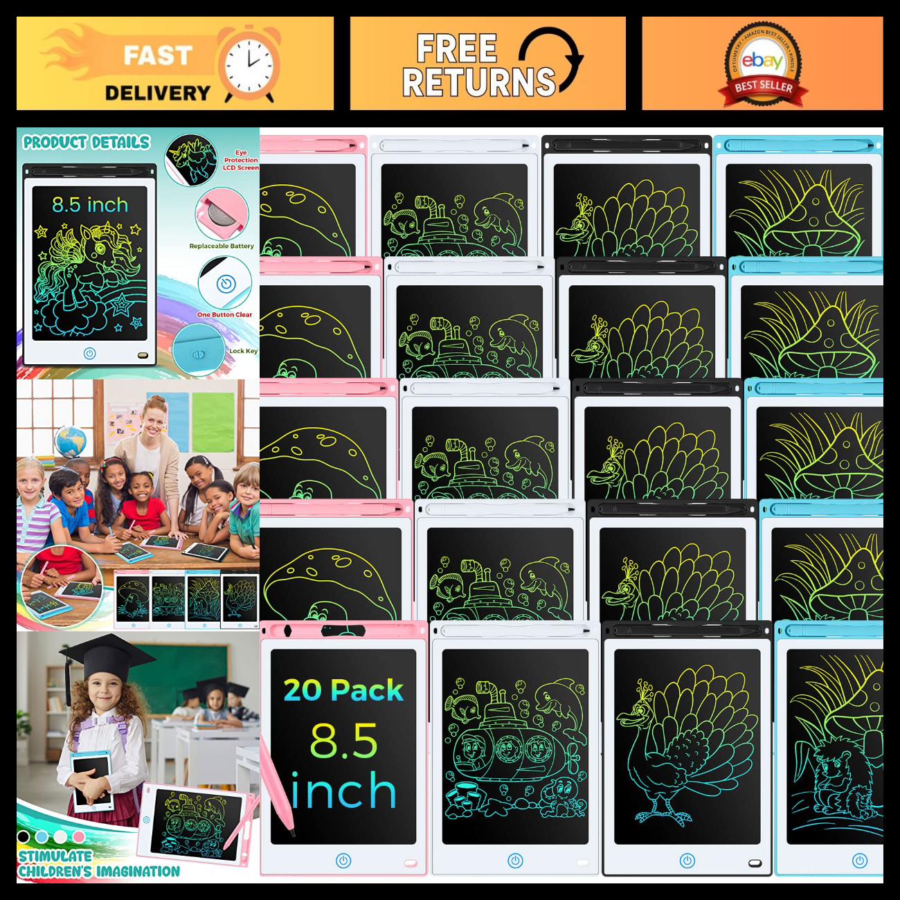 20 Pack 8.5" LCD Writing Tablets - Colorful Drawing Boards for Kids & Adults