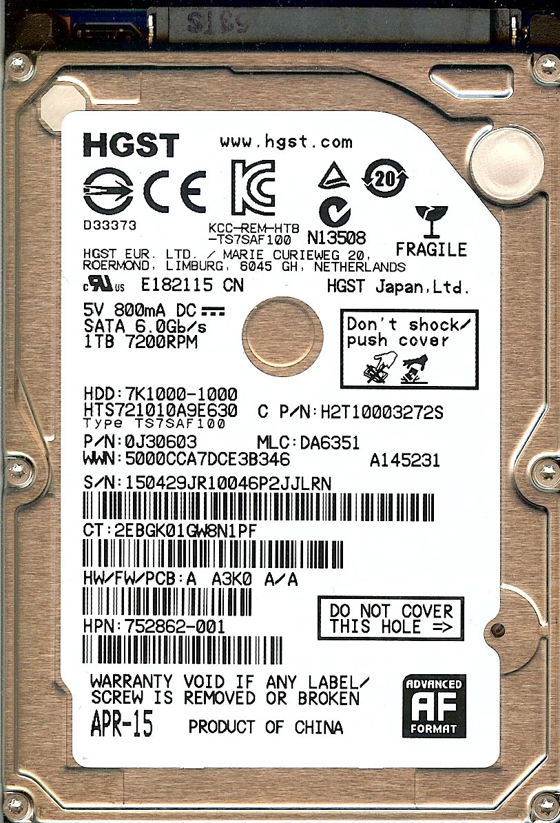 HGST Hitachi HTS721010A9E630 1TB HDD: 7K1000-1000 P/N: 0J30603 MLC: DA6351 6.0Gb
