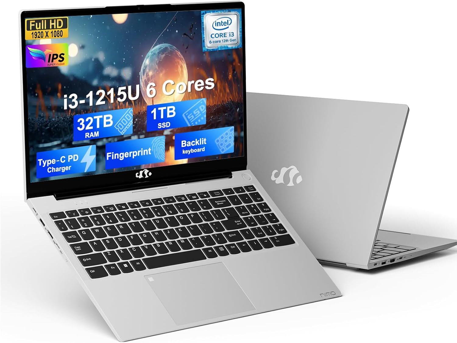 NIMO 15.6'' FHD IPS Laptop 32GB RAM 1TB SSD 12th Gen Intel 1215U Wi-Fi 6 Win 11