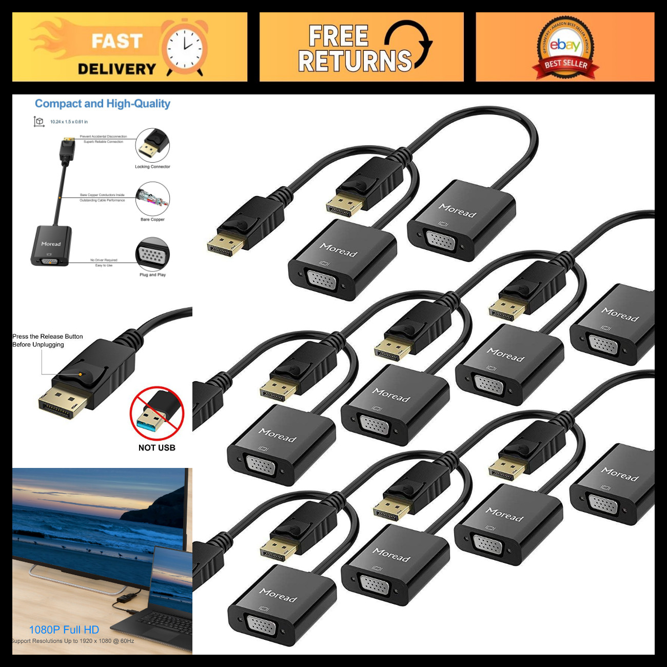 DisplayPort to VGA Adapter 10 Pack, Male to Female, Black, High-Quality Converte