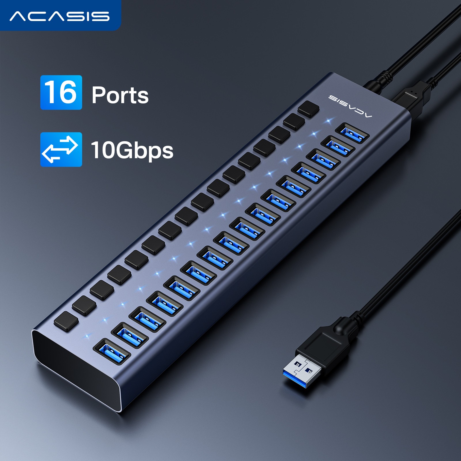 Acasis USB 3.1 Hub 10Gbps 16 Port On/Off Switch with AC Power Adapter for Laptop