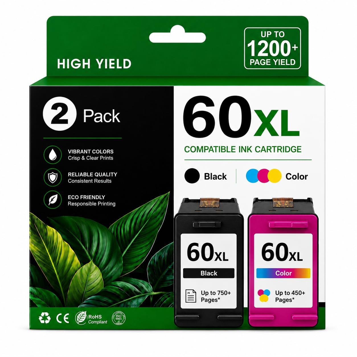 60XL Black and Color Ink Cartridges Combo Pack for HP Printers, 2 Pack