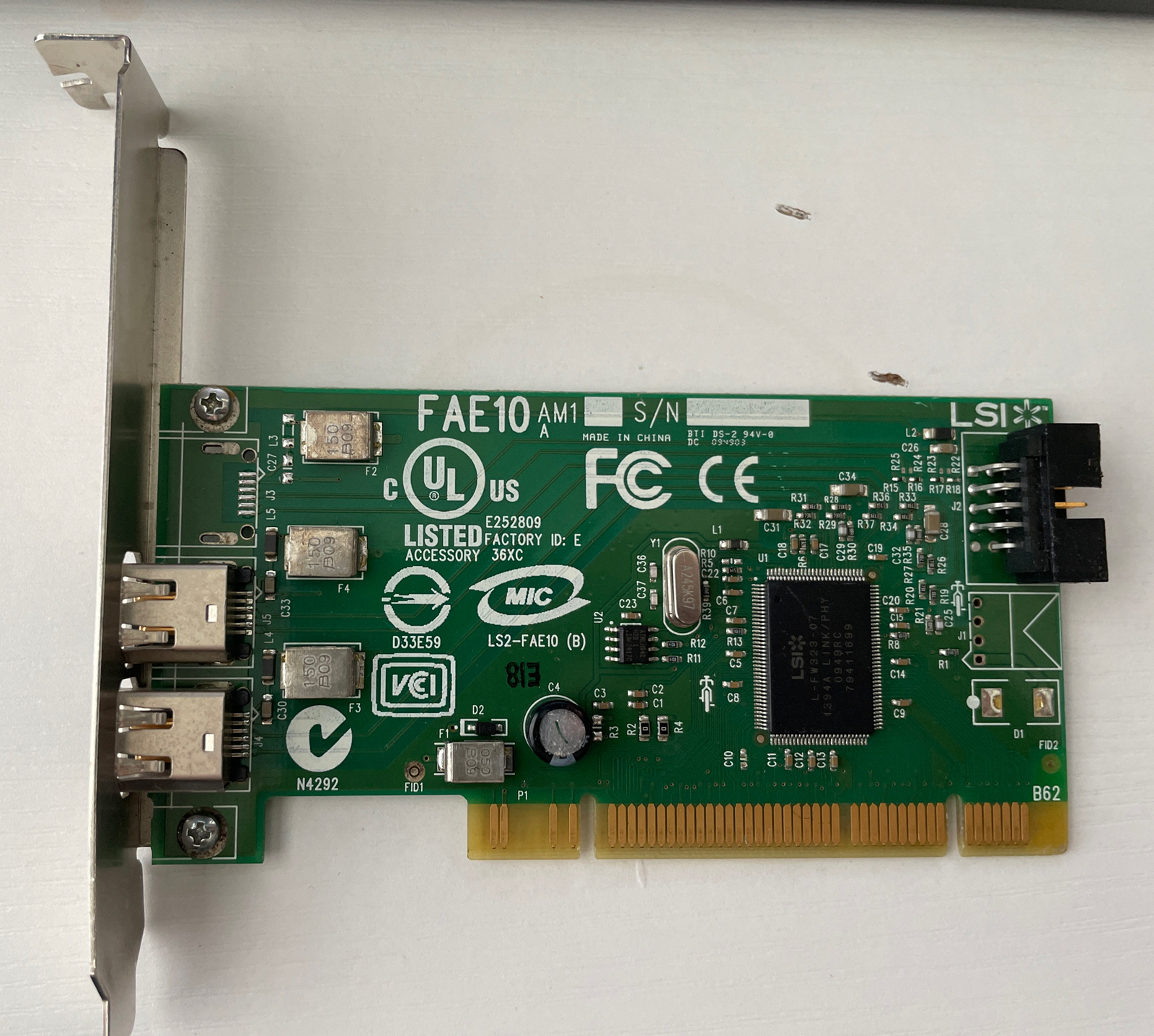 Dell IEEE 1394 PCI Dual FireWire FAE10 LSI 2 Port Card H924H