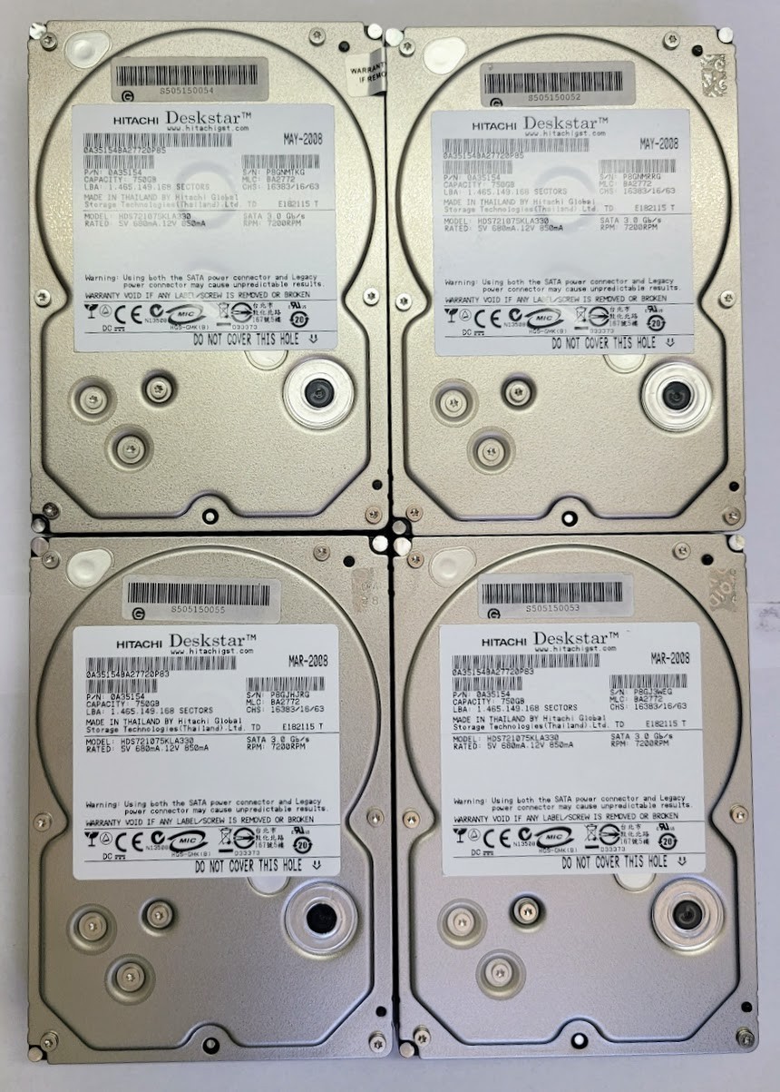Lot of 4 Hitachi Deskstar HDS721075KLA330 750GB 3.5" Desktop Hard Drive SATA