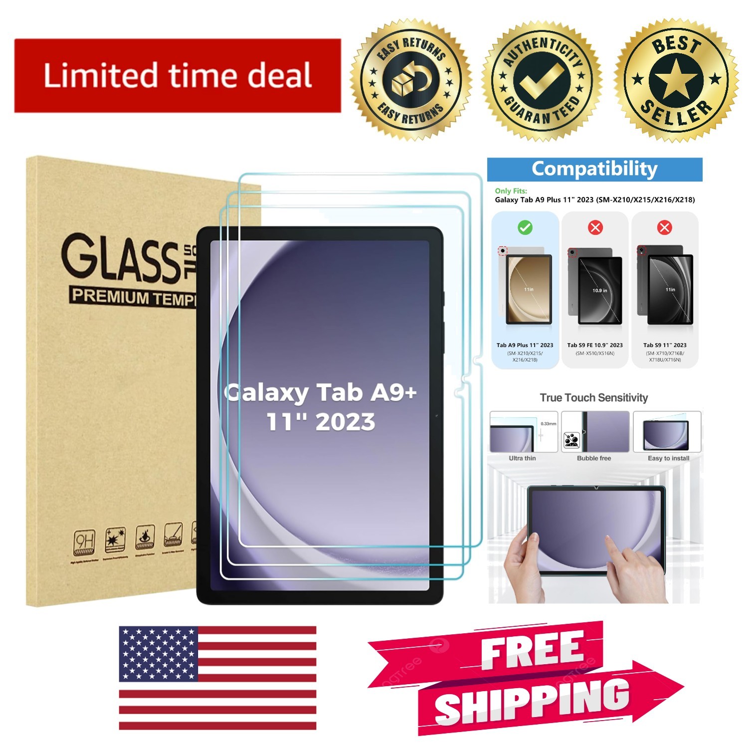 Ultimate Scratch Resistant 3 Pack Screen Protectors for 11'' Galaxy Tab A9+ 2023
