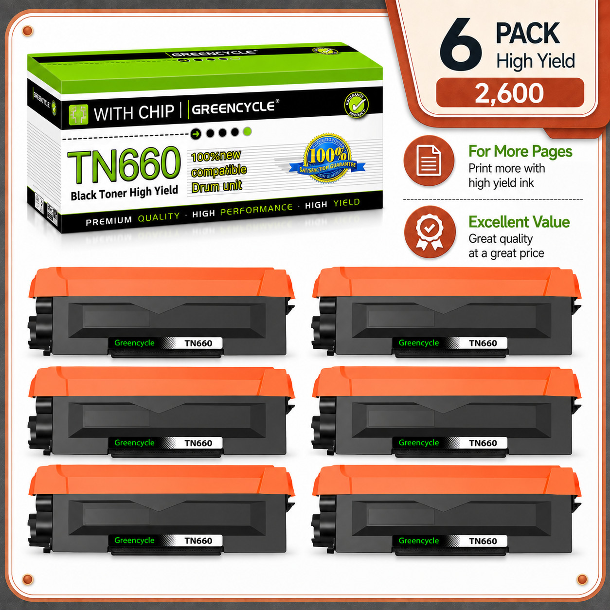 6PC TN660 Toner Compatible With Brother HL-L2380DW MFC-L2700DW DCP-L2540DW TN630