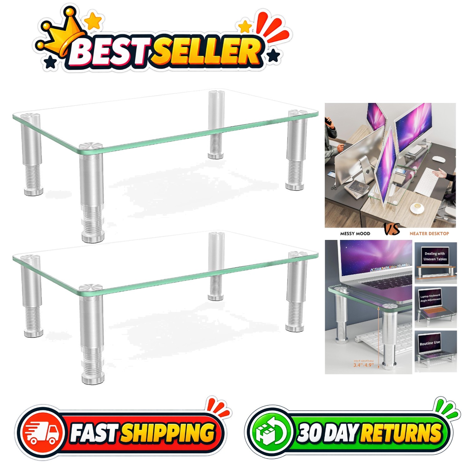 2 Pack Adjustable Monitor Riser for Laptop, TV, Xbox - Clear Glass & Steel