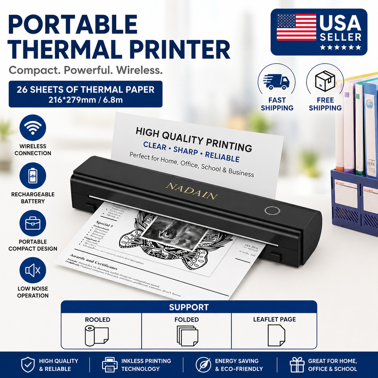 A4 Portable Inkless Thermal Printer with Paper Tray, Wireless Wireless Mobile.us