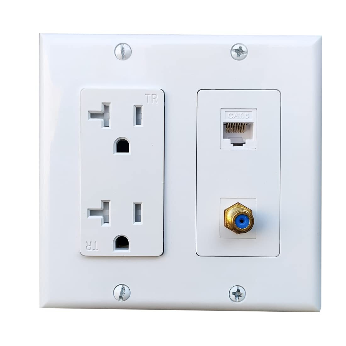 2 Gang Ethernet Coax Wall Plate With 20amp Power Outlet Duplex Receptacle Outlet