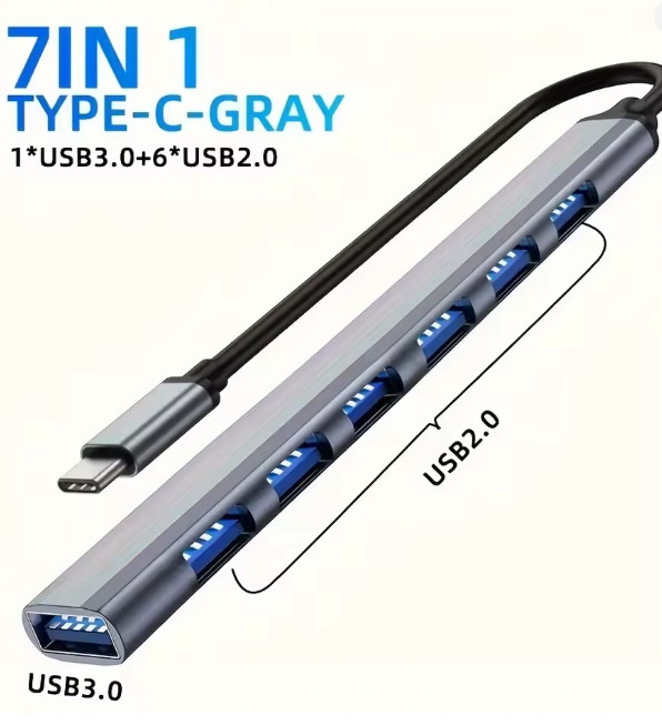 1pc 7-in-1 USB-C Hub Adapter with USB 3.0 & Dual USB-C Ports - USB Distributor