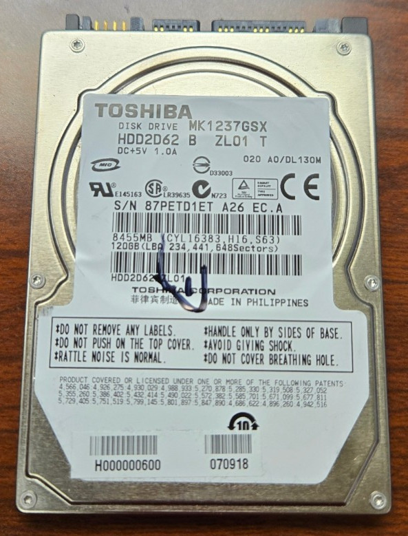 Toshiba 120GB, Internal, 5400 RPM. 2.5" (MK1237GSX) Hard Drive USED "AS-IS"