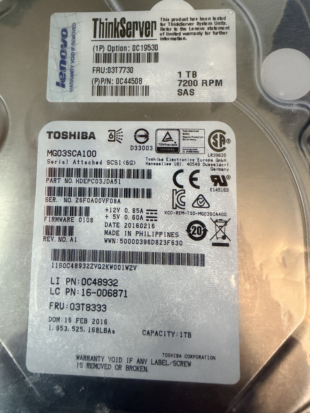 New Lenovo ThinkServer 03T7869 1TB 7200 RPM SAS 3.5'' Hard Drive HDD w/ Caddy