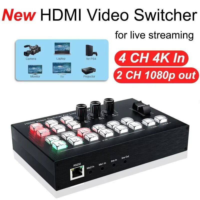 4K 4 CH HDMI Video Switcher Camera Live Streaming Station Video Record Capture