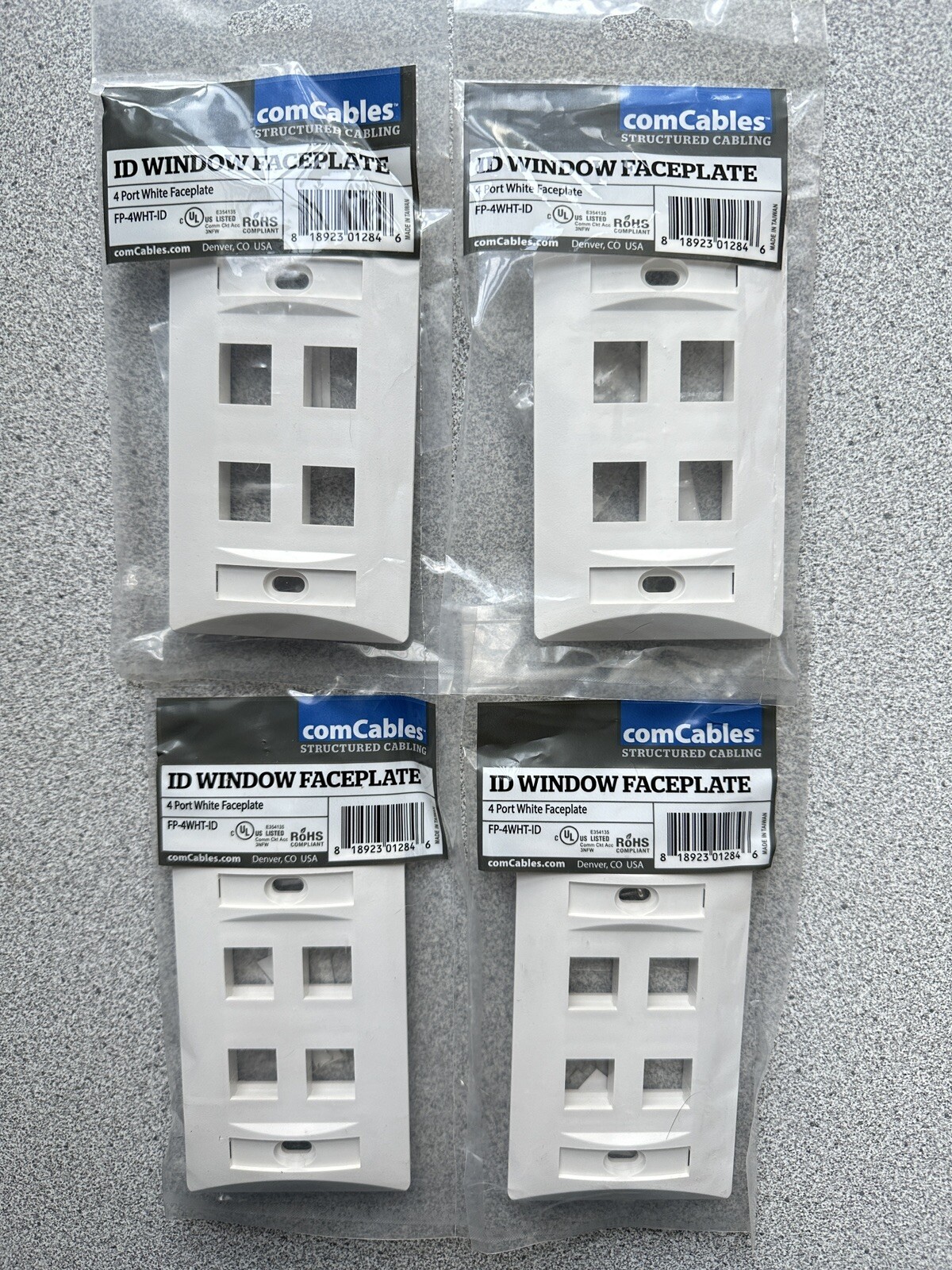 NEW 4 Pack of 1-Gang 4-Port Faceplates with ID Label, White, by ComCables