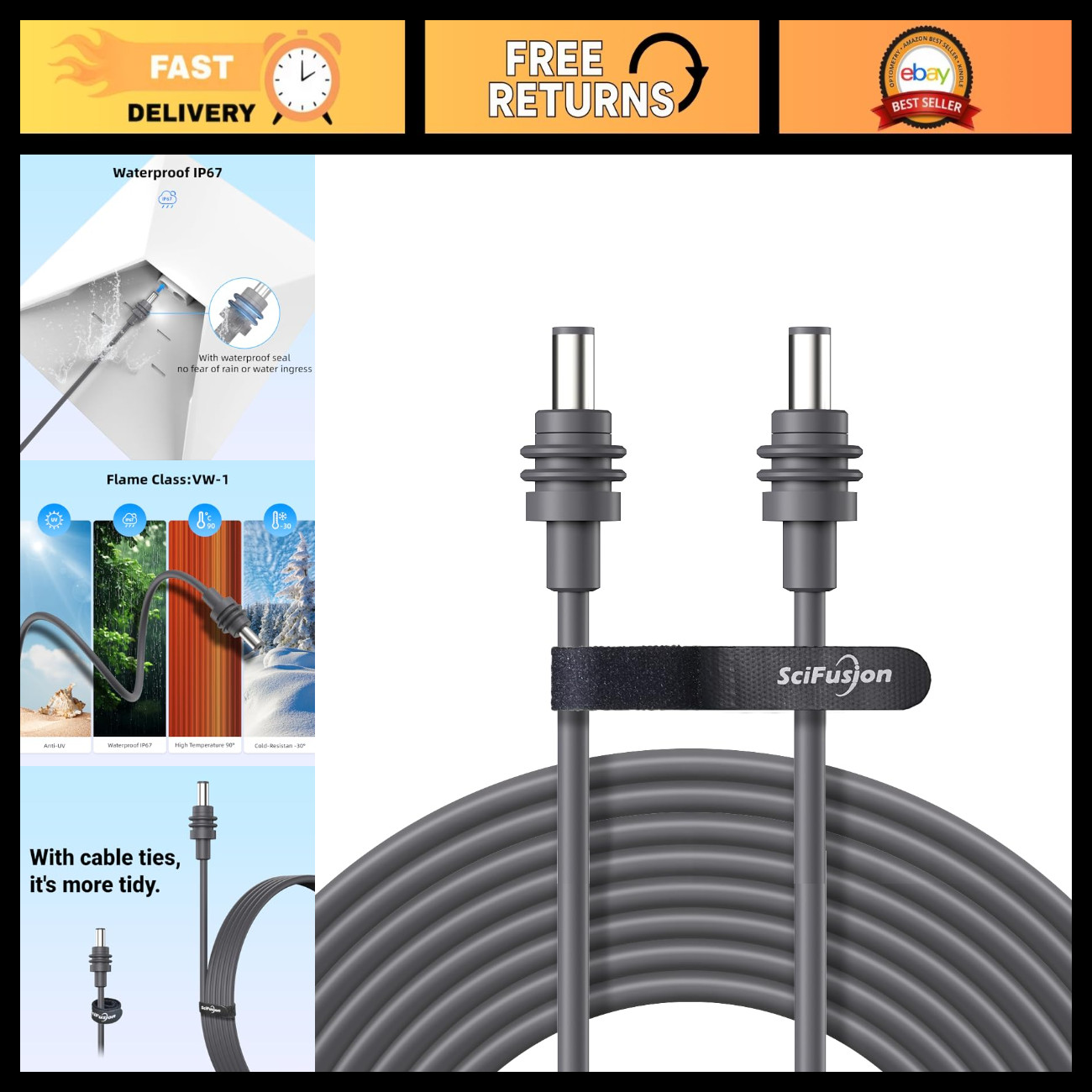 50FT Waterproof DC Power Cable, 18AWG Male to Male - Replacement for Starlink Mi