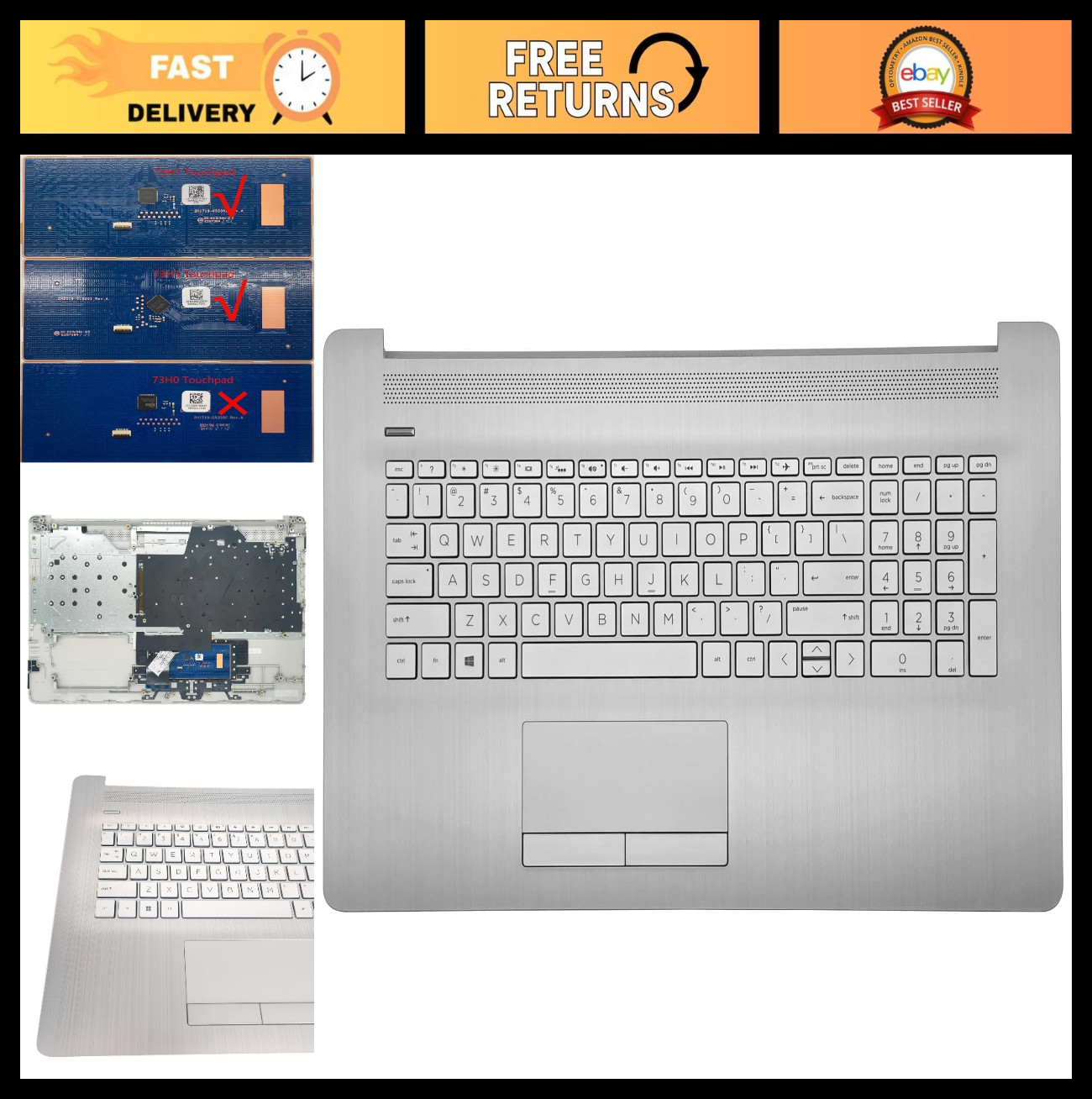 Replacement Upper Case Palmrest for 17-inch Laptops with Backlight Keyboard & To