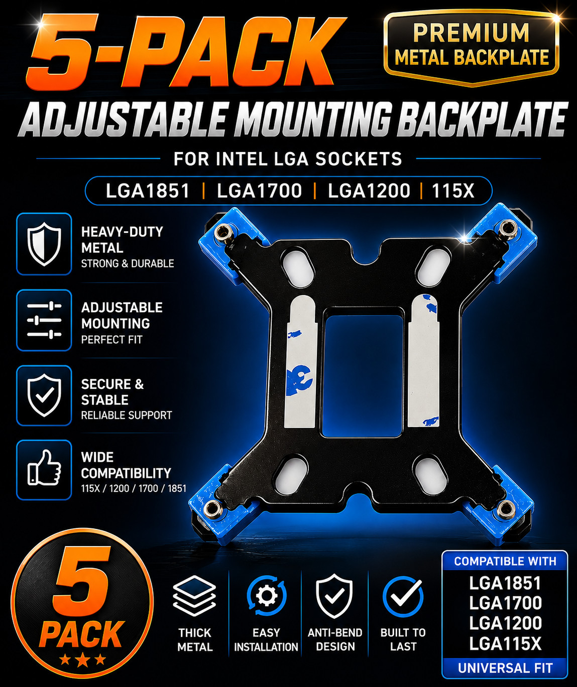 Premium Metal Cooler Backplate Adjustable Mounting Intel LGA1851 1700 1200 115X