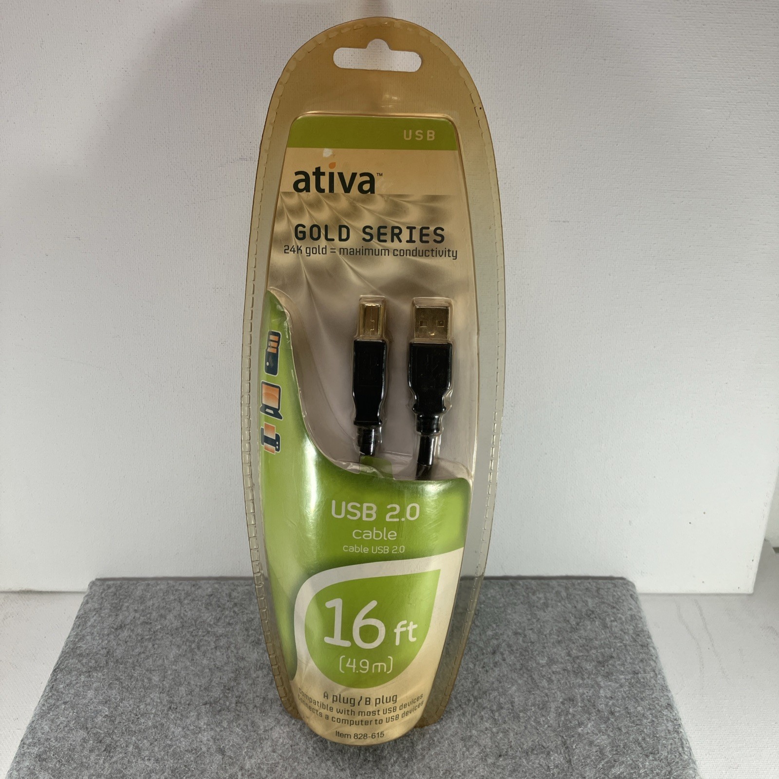 Ativa Gold Series USB 2.0 16ft A Plug/B Plug 24K Gold Printer Cable 828-615 New