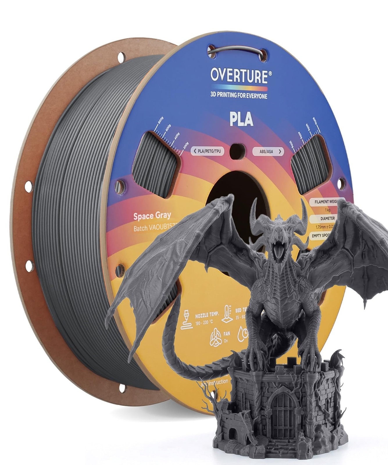 Pla Filament 1.75mm Pla 3d Printer Filament 1kg Cardboard Spool 2.2lbs Dimensi