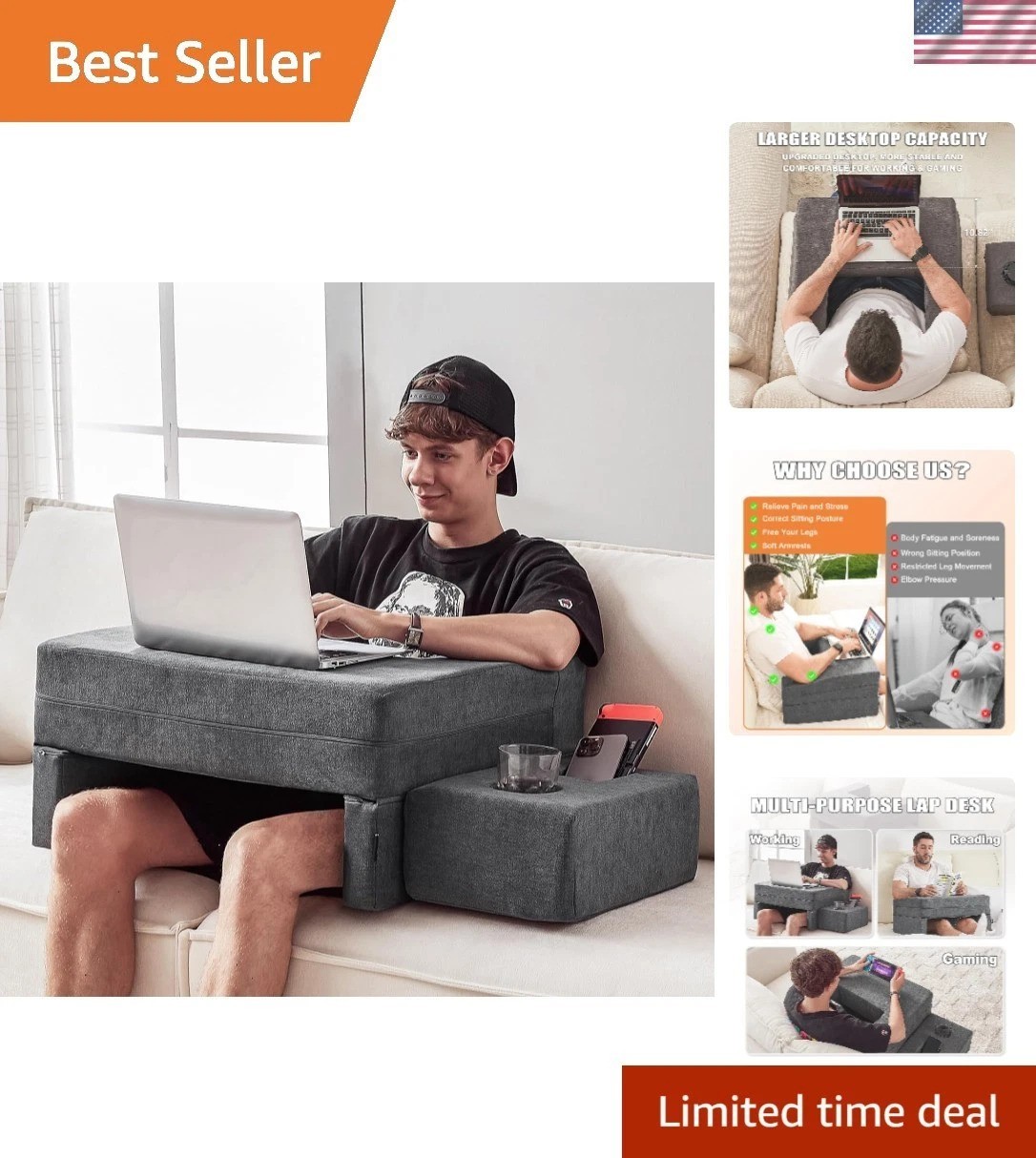 Lap Desk Pillow for Laptop Reading Bed Couch Work Gaming Grey Large