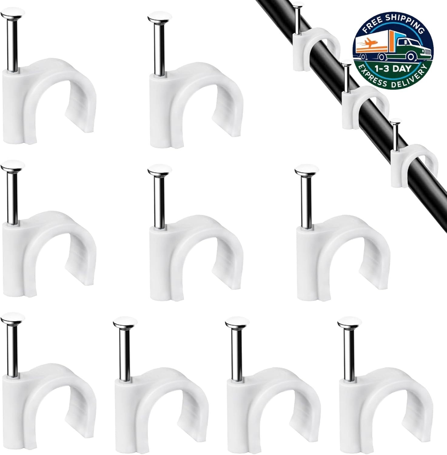 Clips para cables, 100 unidades, 7 mm, clips de pared para cables con clavos 