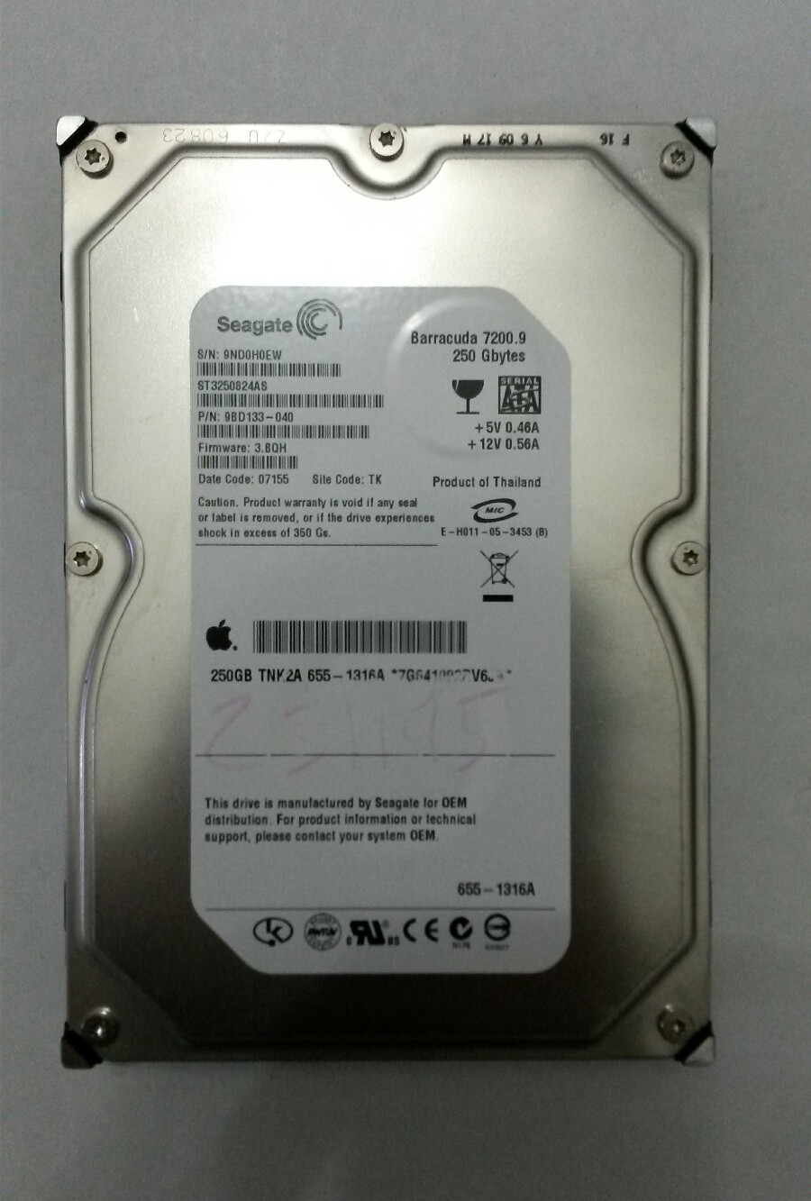 Seagate ST3250824AS 250GB SATA Desktop Drive P/N:9BD133-040 F/W: 3.BQH Site:TK