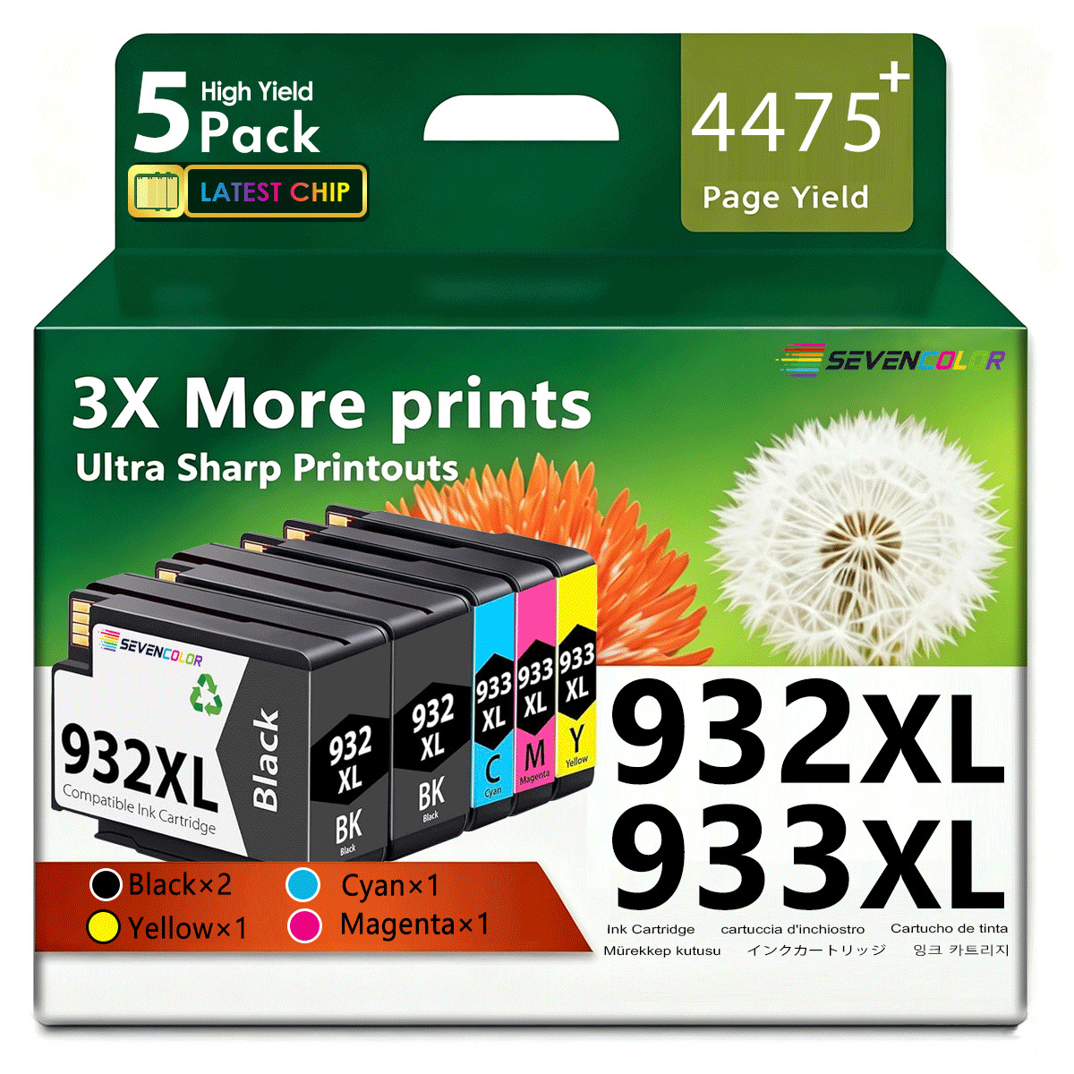 Ink Cartridges 932XL 933XL 5 Pack Combo (2 Black, Cyan/Magenta/Yellow)