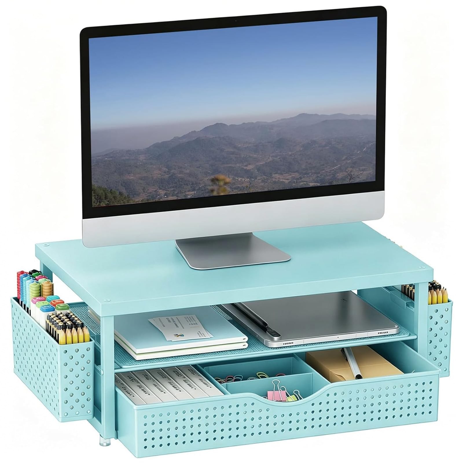 Desk Organizers and Accessories, Monitor Stand with Drawer and 2 Pen Holder, ...