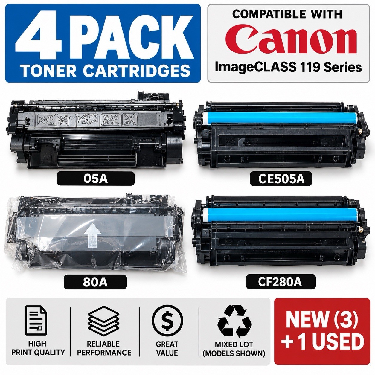 4 Toner Cartridges 05A CE505A 80A CF280A Canon 119 Mixed Lot 3 New 1 Used