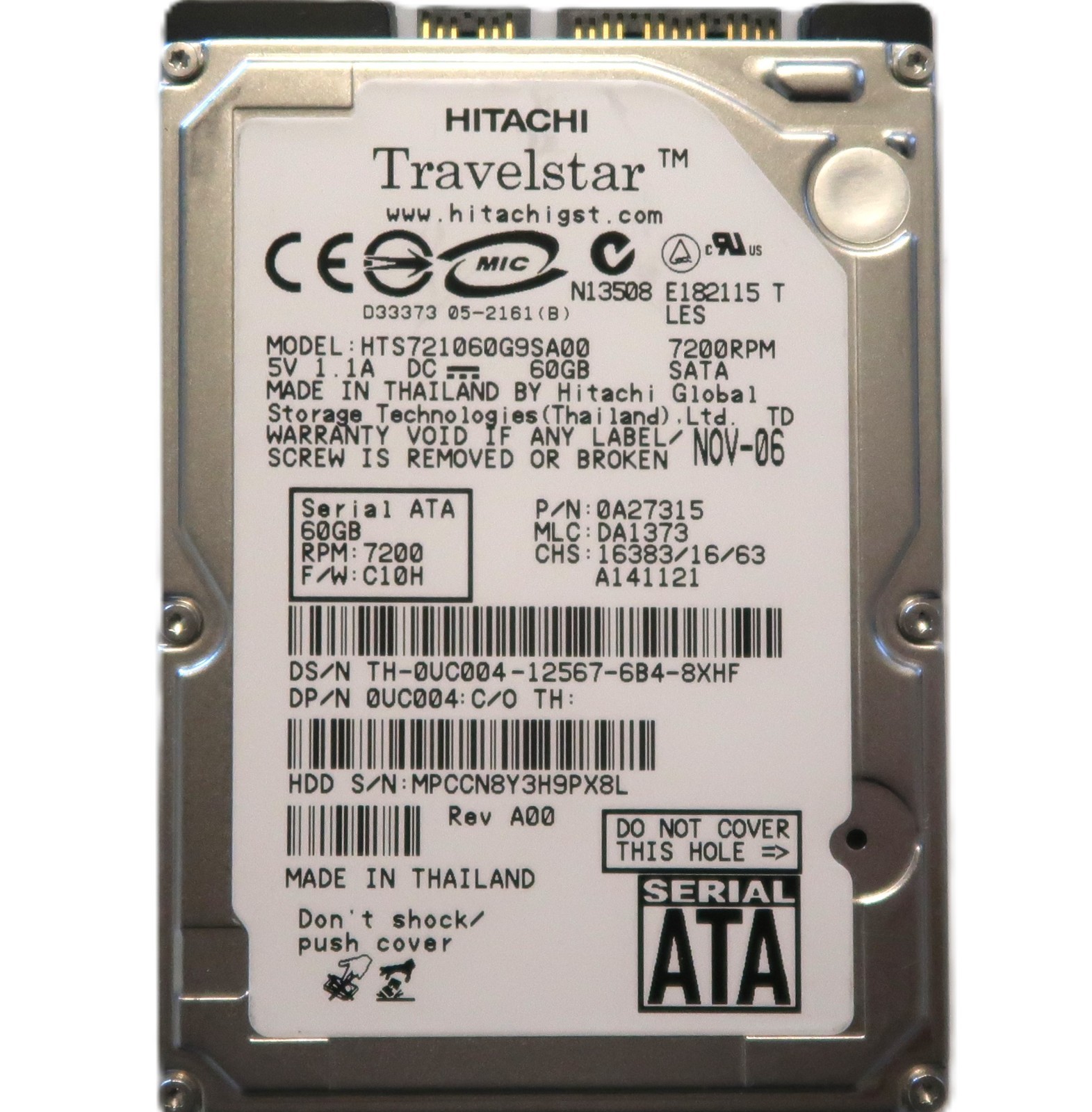 Hitachi HTS721060G9SA00 0A27315 DA1373 (MPCC) 2.5" 60Ggb Sata Thailand NOV-06
