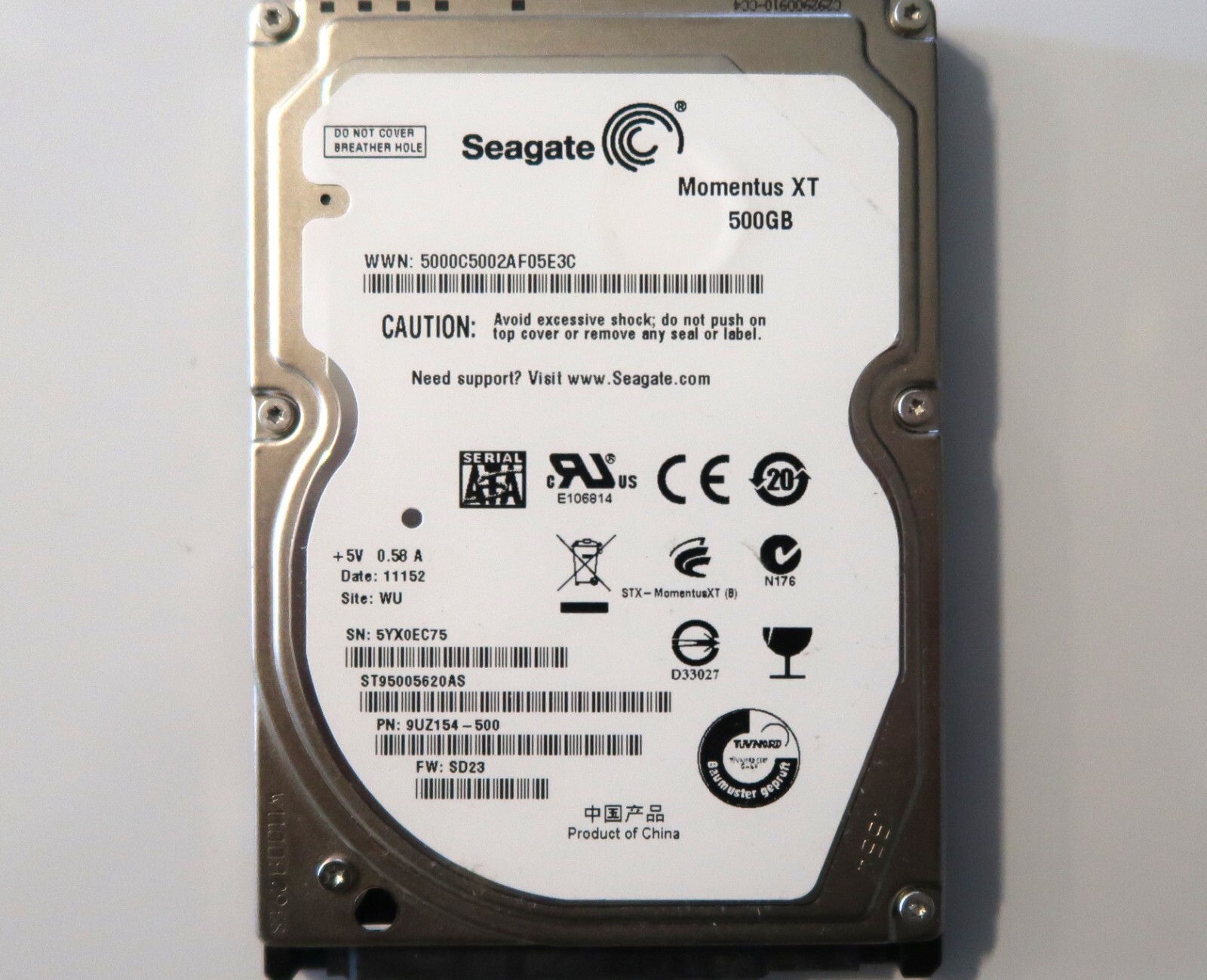 Seagate ST95005620AS 9UZ154-500 FW:SD23 (5YX) WU China 500gb 2.5" Sata 10/2010