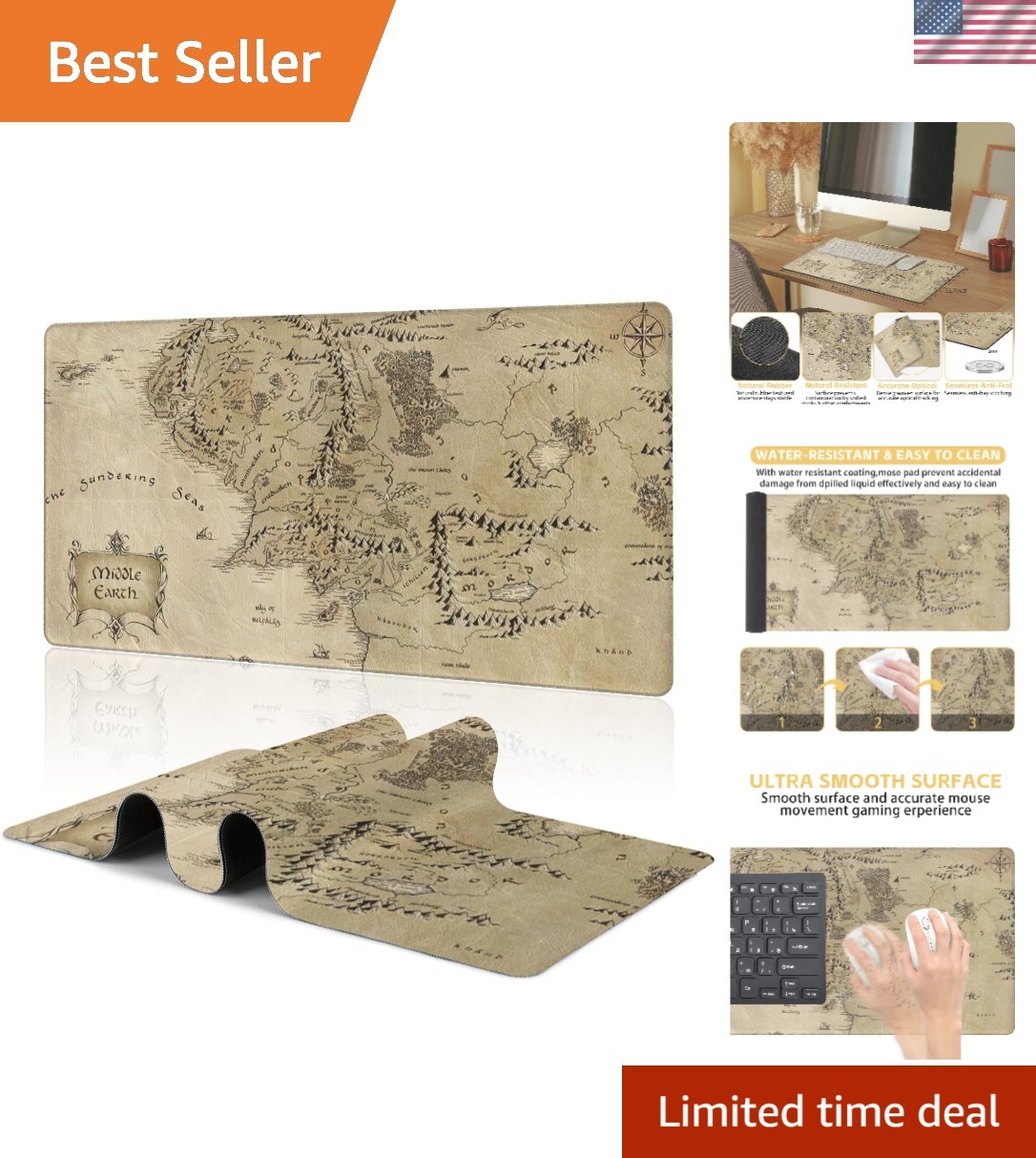 Middle Earth Map Mouse Pad 31.5 x 15.8 inch - Non-Slip, Washable Design