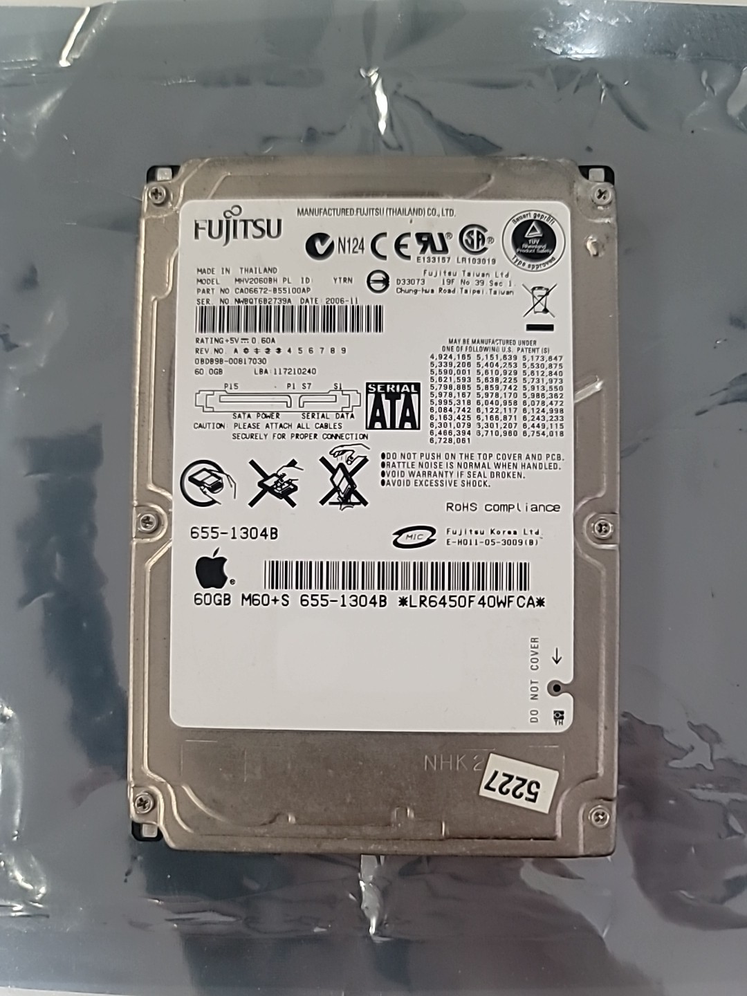 Fujitsu 60GB 2.5" SATA Hard Drive Apple OEM 655-1304B MHV2060BH Laptop HDD