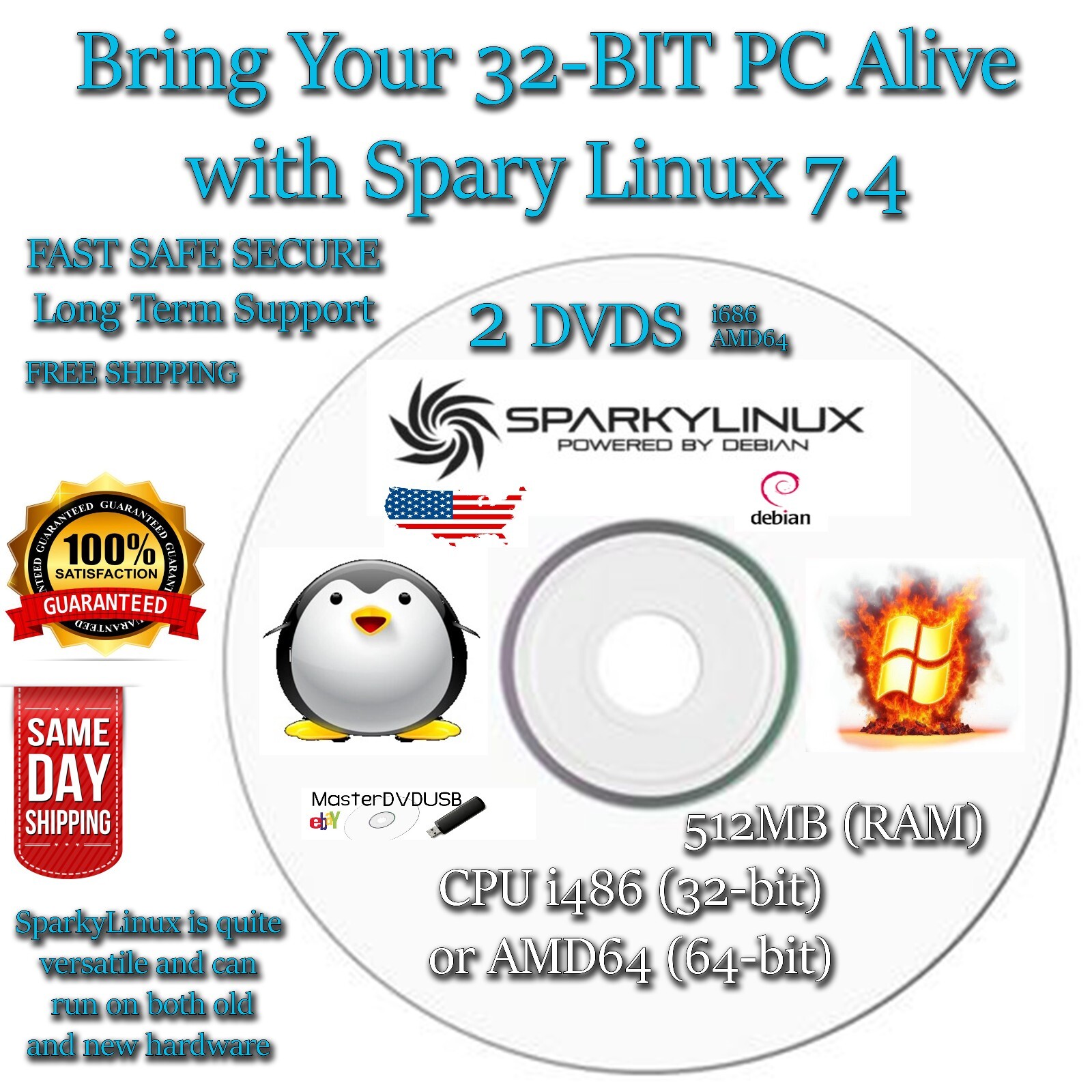 Sparky Linux 7.8 i686 & AMD64 Bit DVD Set - Live/Install Runs on 512MB of Ram
