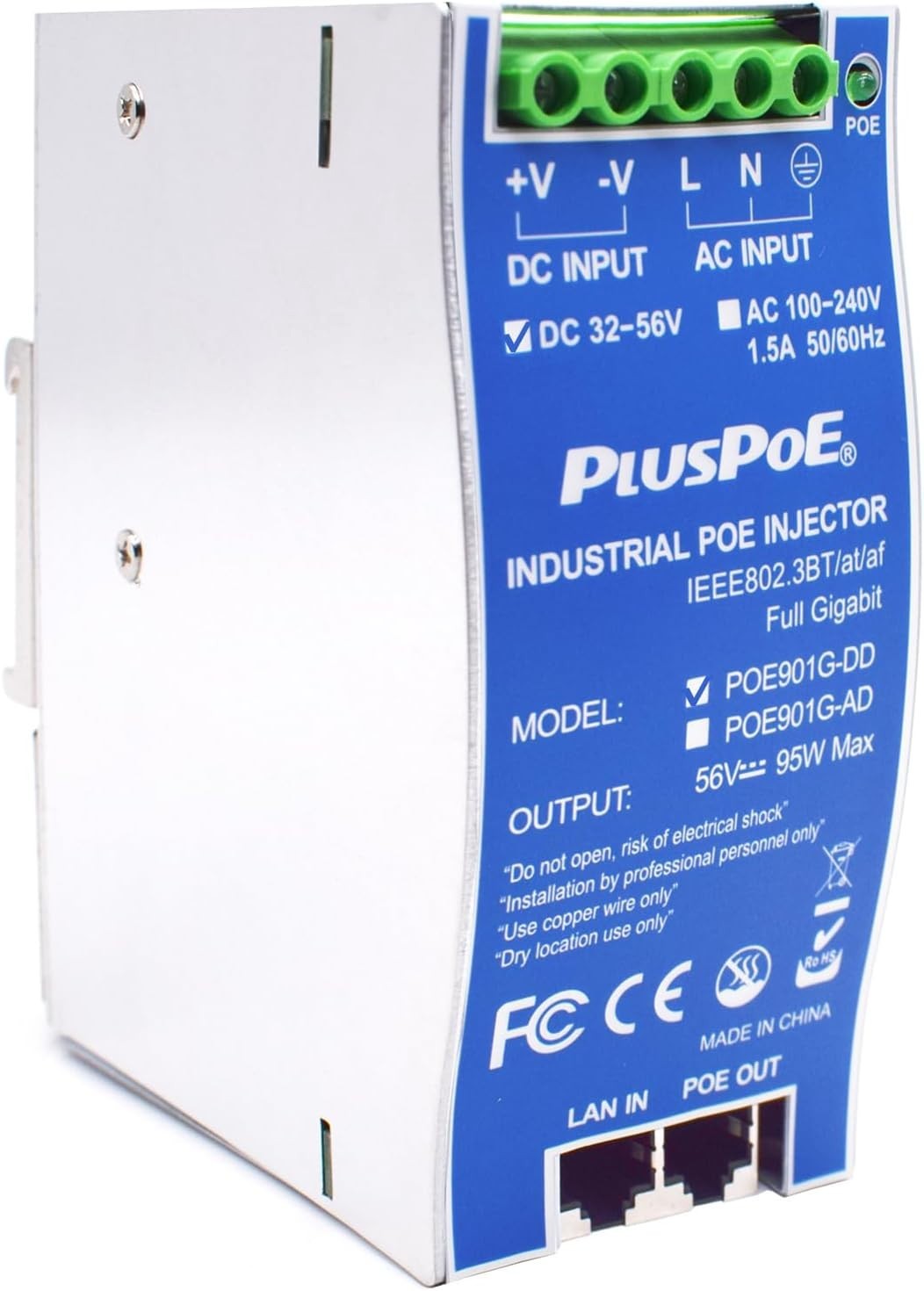 PlusPoE 90W Industrial Gigabit PoE++ Injector IEEE 802.3bt/at/af (32-56VDC in)