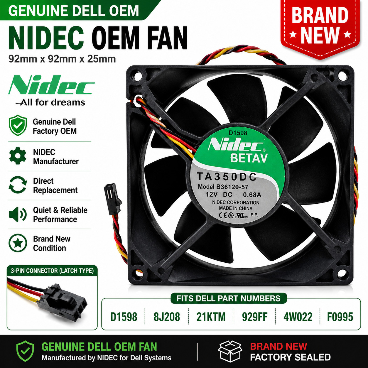 NEW Genuine Dell Nidec OEM D1598 8J208 21KTM 929FF 4W022 F0995 92mm Cooling Fan