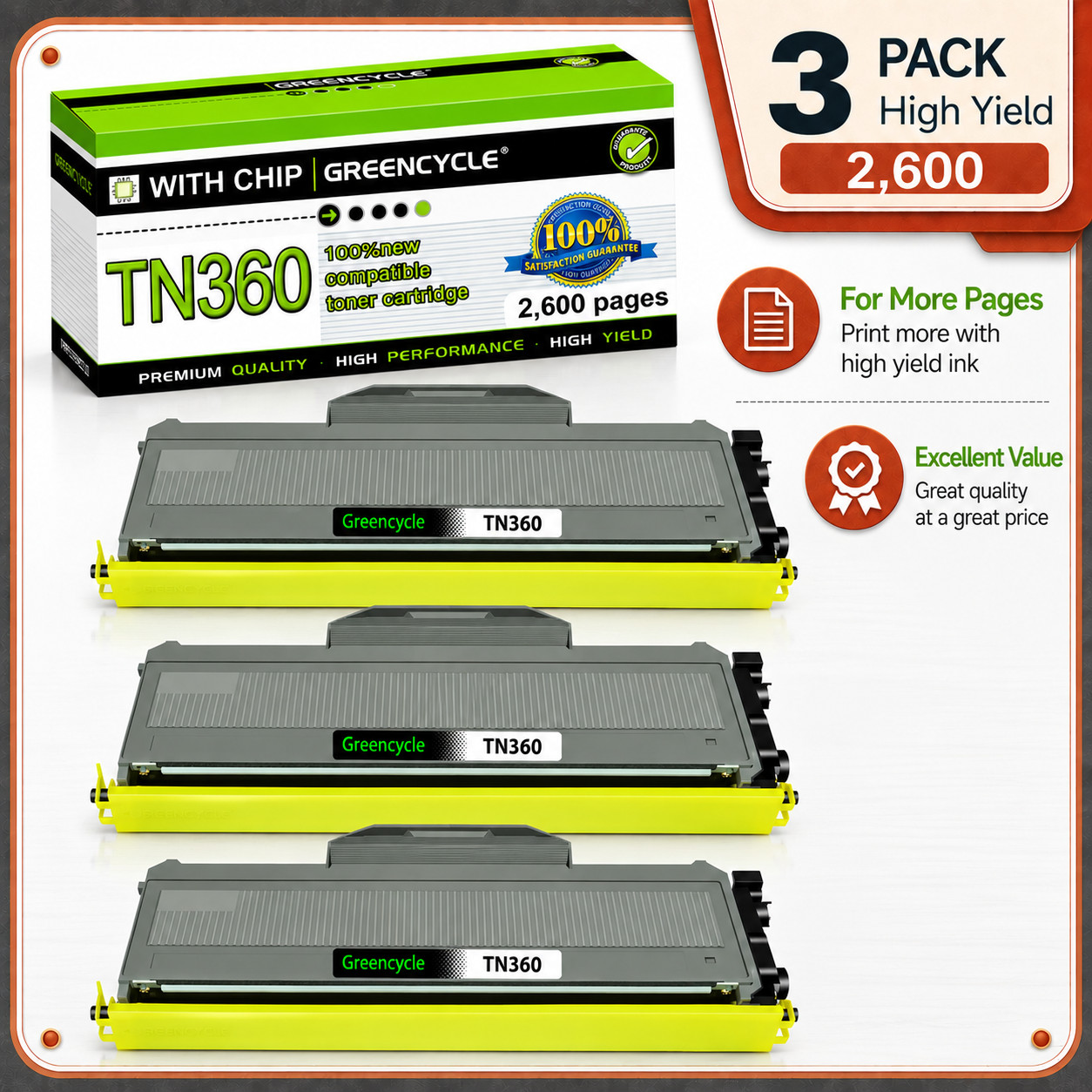 3PK TN360 TN-360 Toner Cartridge For Brother MFC-7320 MFC-7340 MFC-7345DN 7345N