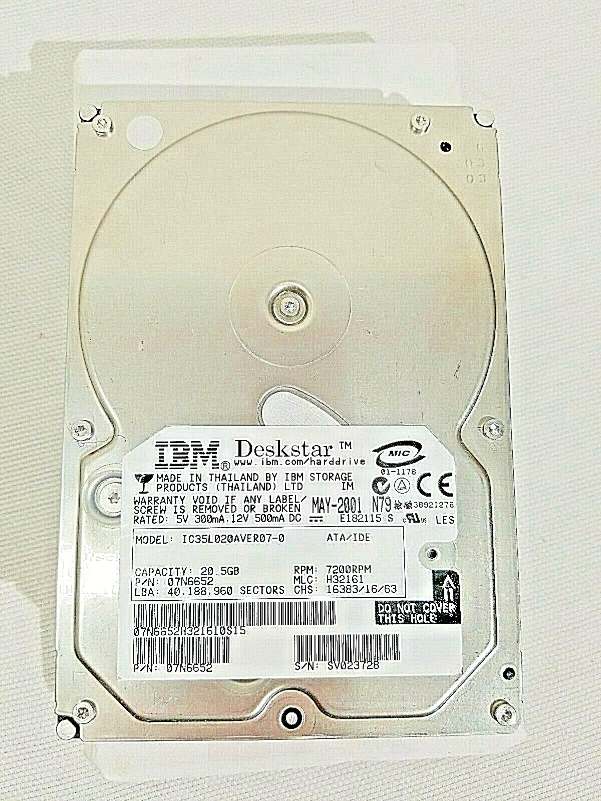 IBM DESKSTAR P/N:07N6652 20.5 GB INTERNAL 3.5 HARDDRIVE 