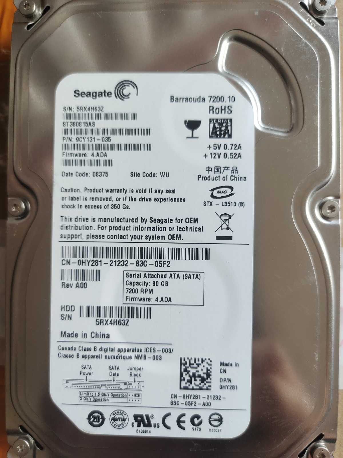 FIT FOR Seagate 80GB ST380815AS 7200RPM SATA 3.5" HDD Hard Disk Drive