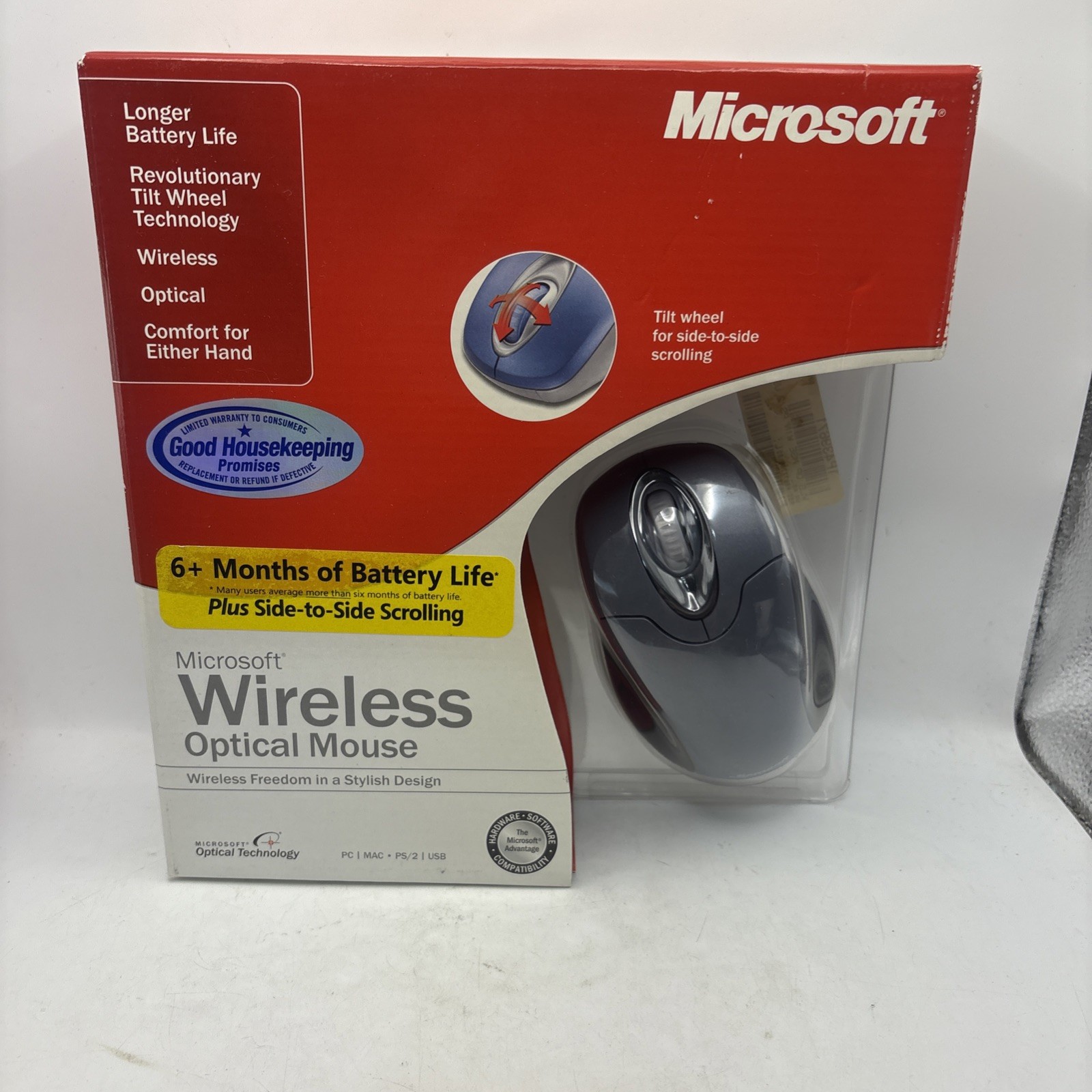 Vintage Microsoft Wireless Optical Mouse NIB New Sealed Tilt  Wheel  Silver 2003