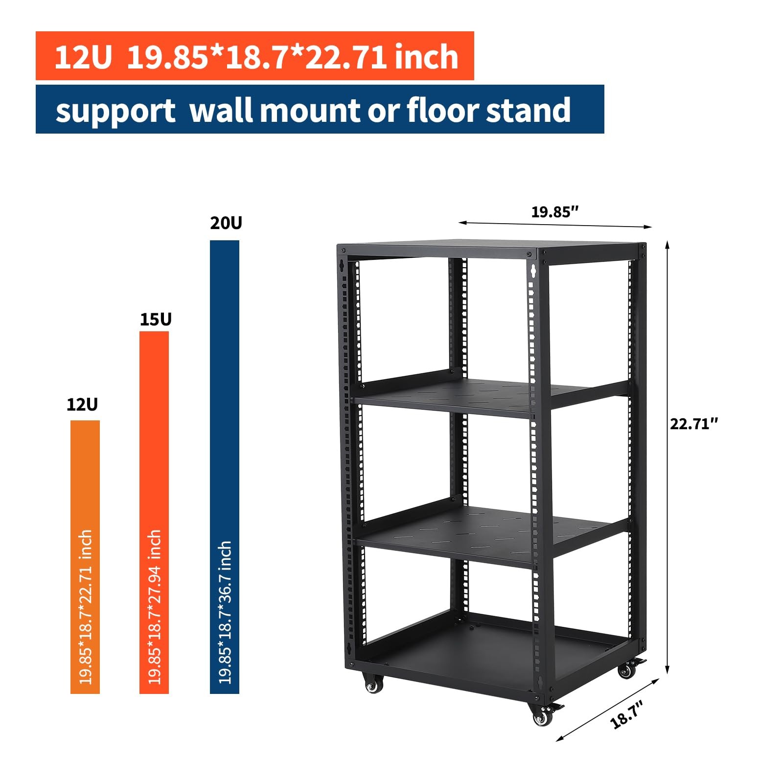 12U/15U/20U Frame Server Open Rack Wall Network Rack with Casters Floor Standing