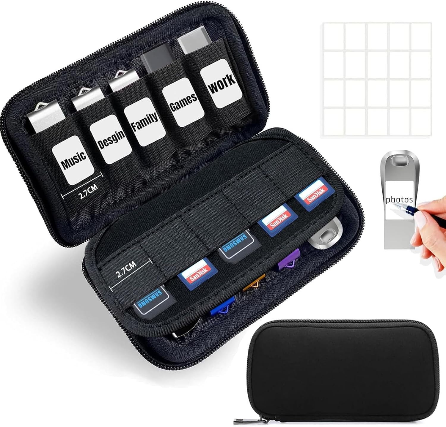 Soft Zippered USB & Memory Card Holder - 20 Slot Organizer with Labels Included