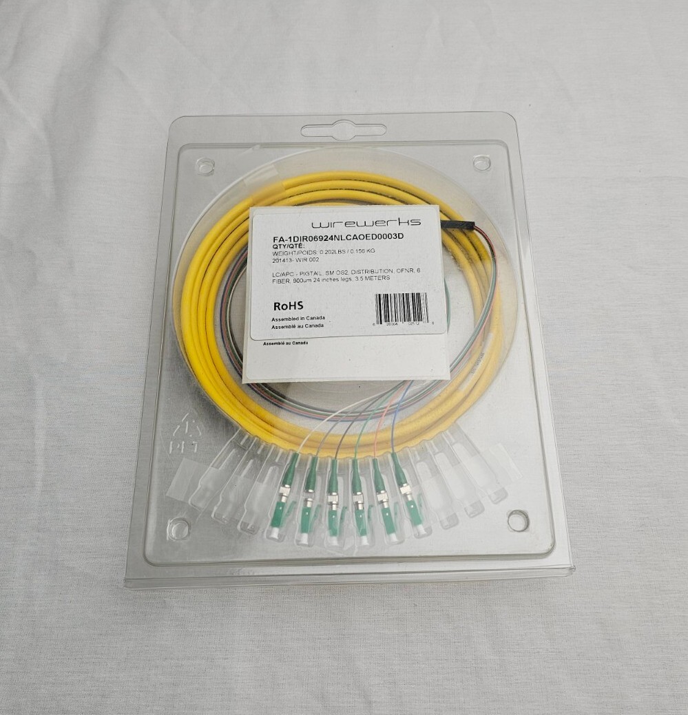 Wirewerks LC/PC Pigtail Single mode OS2 OFNR 6 Fiber 900um 24" Legs 3.5 Meters