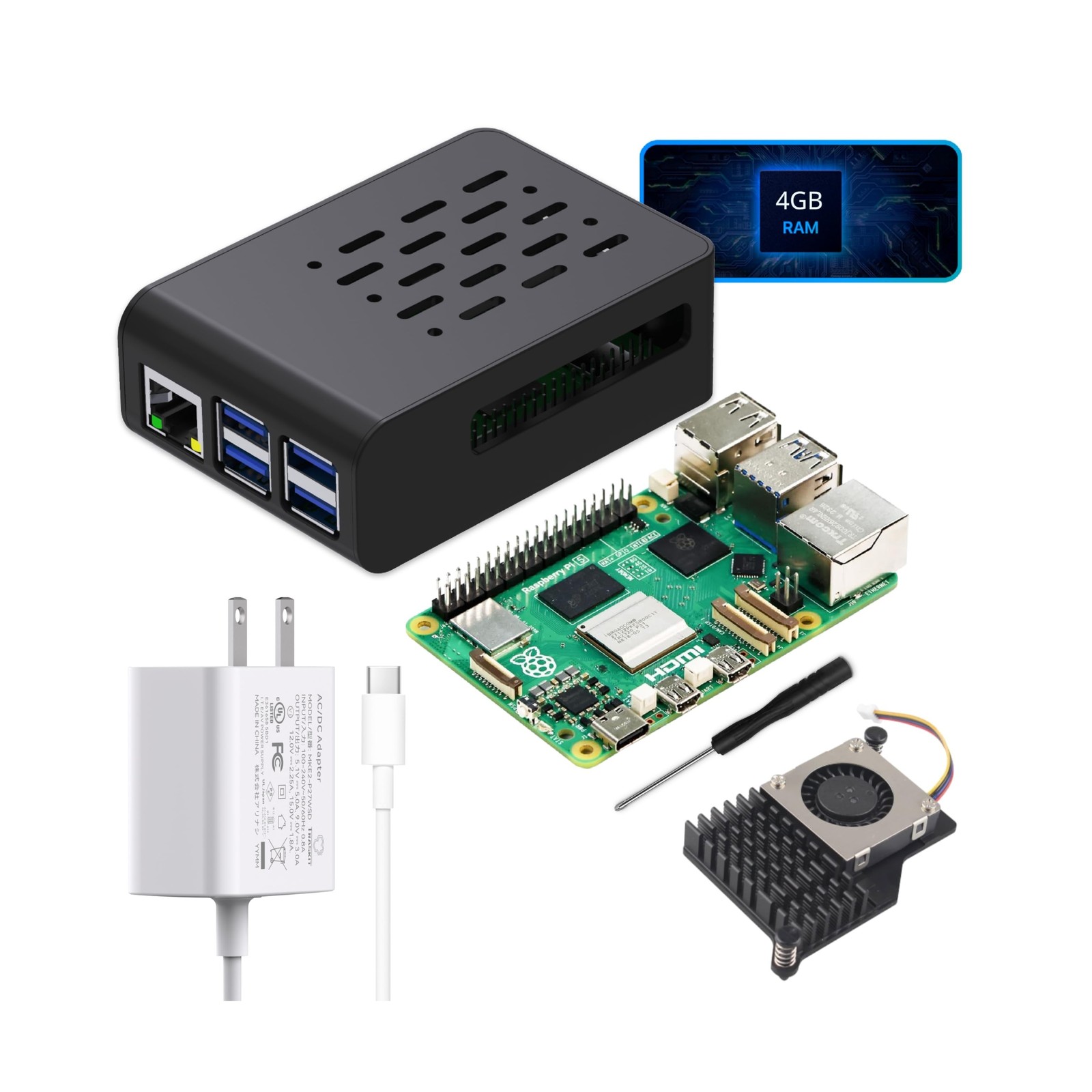 Basic kit for Raspberry Pi 5 4GB RAM,27W PD Power Supply,PI5 Case, Active Coo...