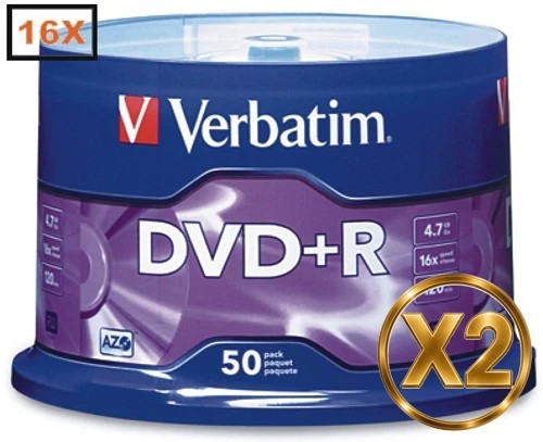 100-Pak VERBATIM 16X 4.7GB DVD+Rs, Verbatim Logo Top, Verbatim 95037, 2 x 50-Pak