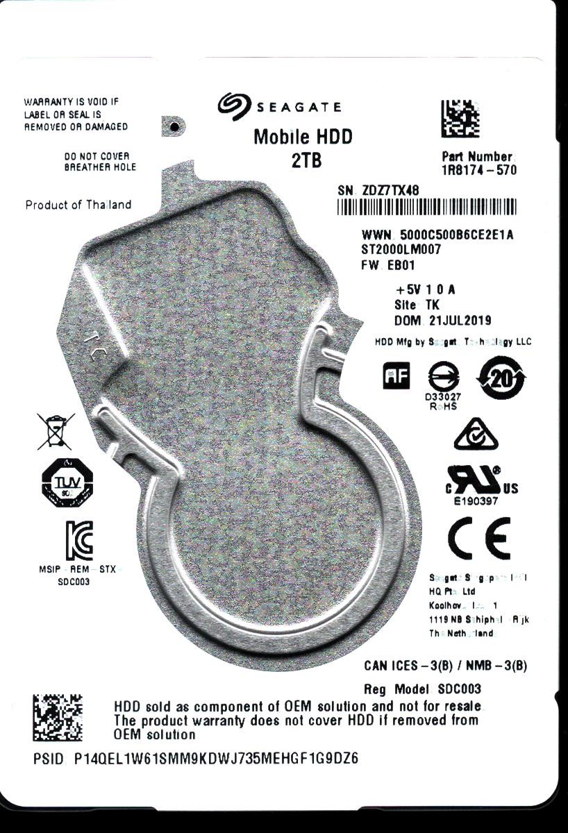 ST2000LM007 P/N: 1R8174-570 F/W: EB01 S/N: ZDZ7T 2TB JUL 2019 THAILAND SEAGATE