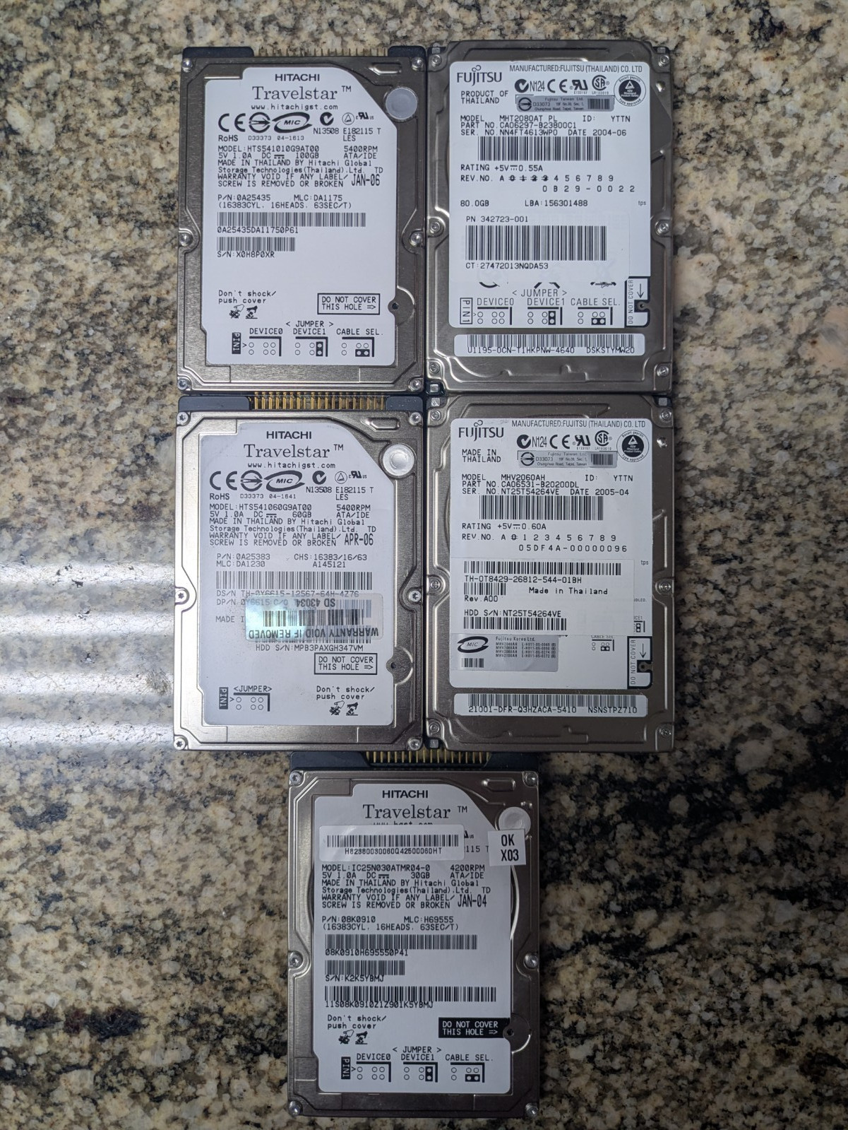 LOT OF 5 100GB 80GB 60GB 30GB 2.5" PATA/IDE Internal Laptop HDD