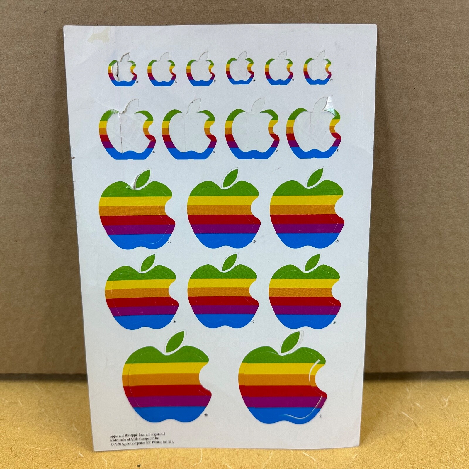 APPLE ___ Rare SHEET ___ Of 8 STICKERS ___ Apple Colorful Rainbow Logo ___ 1986