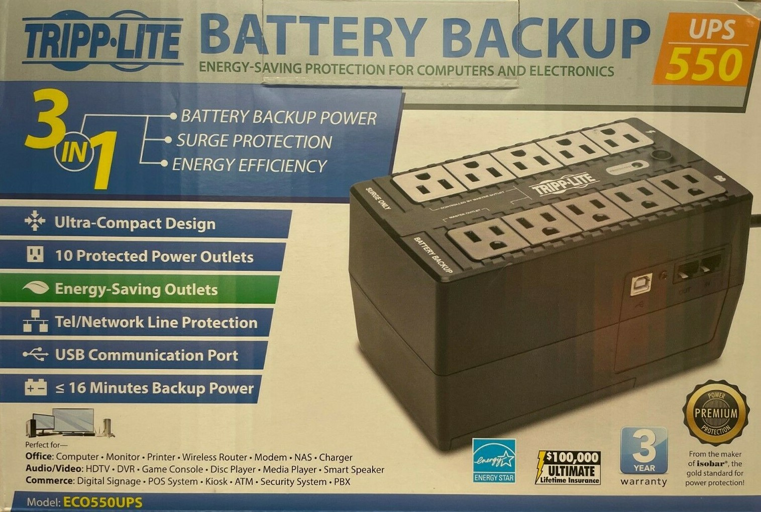 Tripp Lite - ECO550UPS - UPS 550VA 300W Eco Green Battery Back Up Compact 120V