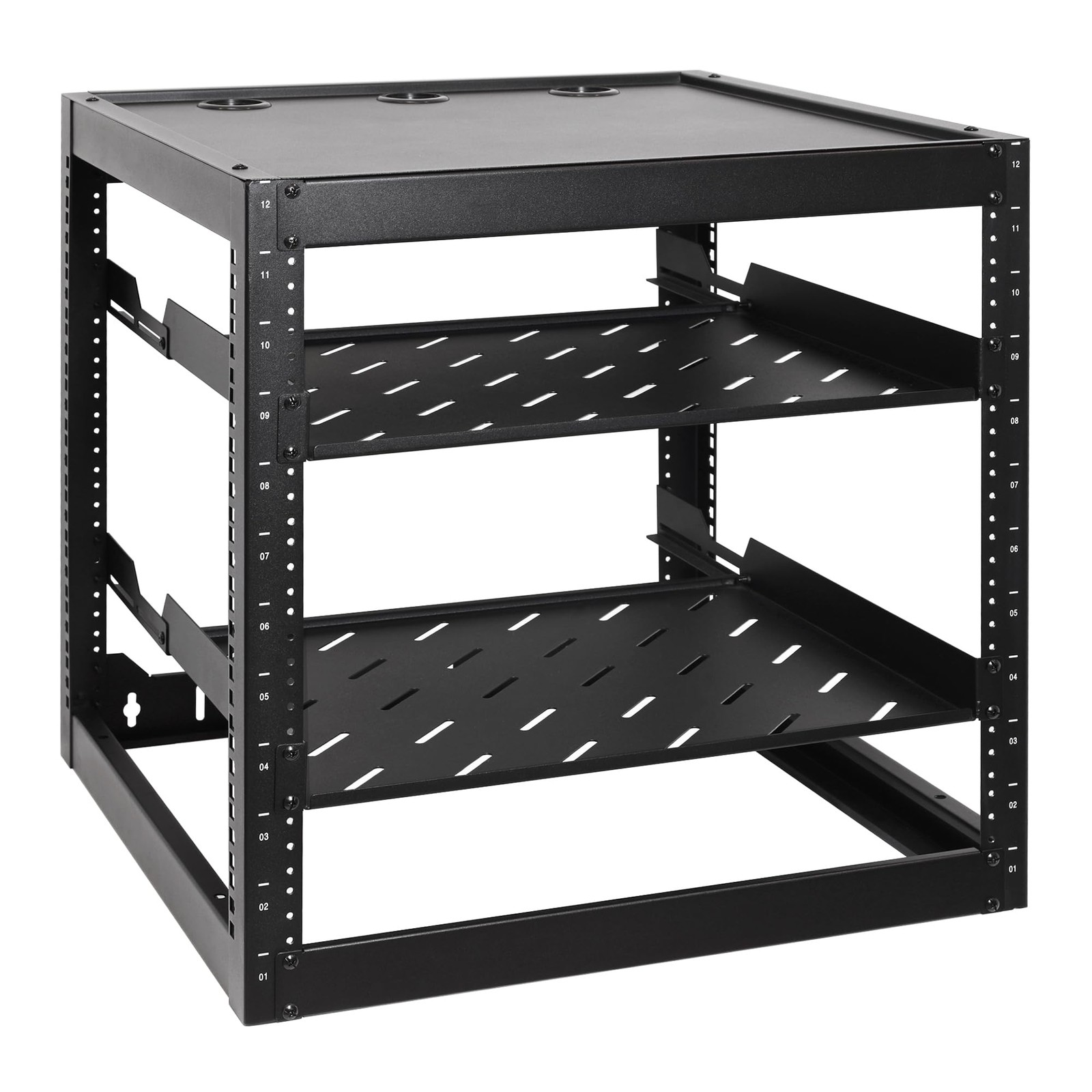 12U Open Frame Network Rack with 2X 14in Vented 1U Shelves Rear Support, Wall...